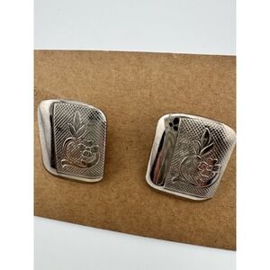 Vintage Engraved Pair Floral Scroll Cufflink Rounded Edges Rectangular Shiny